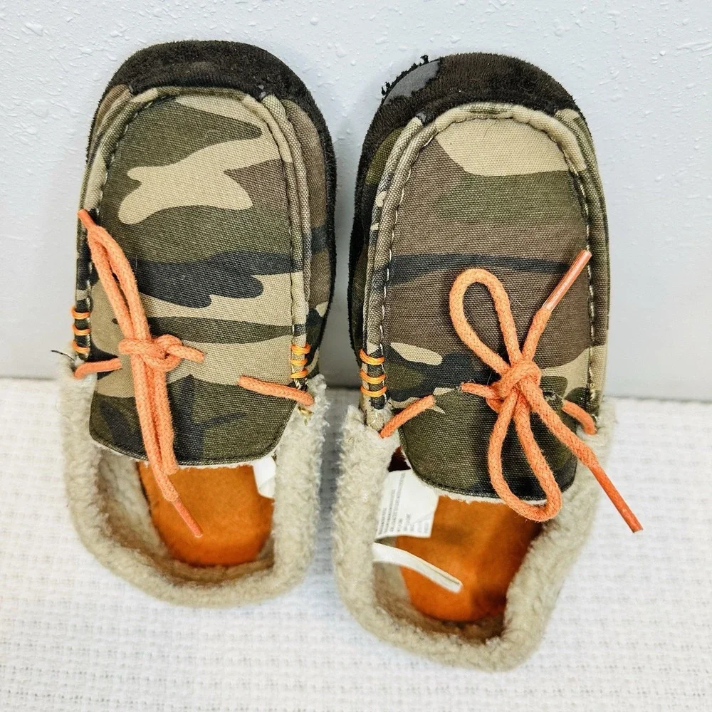 Kids Camo Slippers Moccasin Green Faux Fur Slippers Youth Soft Cozy Size‎ 4/5